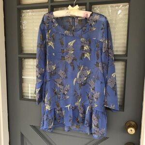 LOGO Lori Goldstein 3/4 Sleeve Blue Beige Floral Chiffon Ruffle Hem Top Sz Large